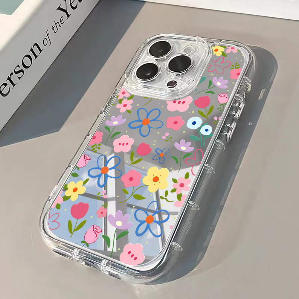 Phone Accessories Kiosk - Koreanischer Ins-Stil Blumenmuster Silber Spiegel Handyhülle